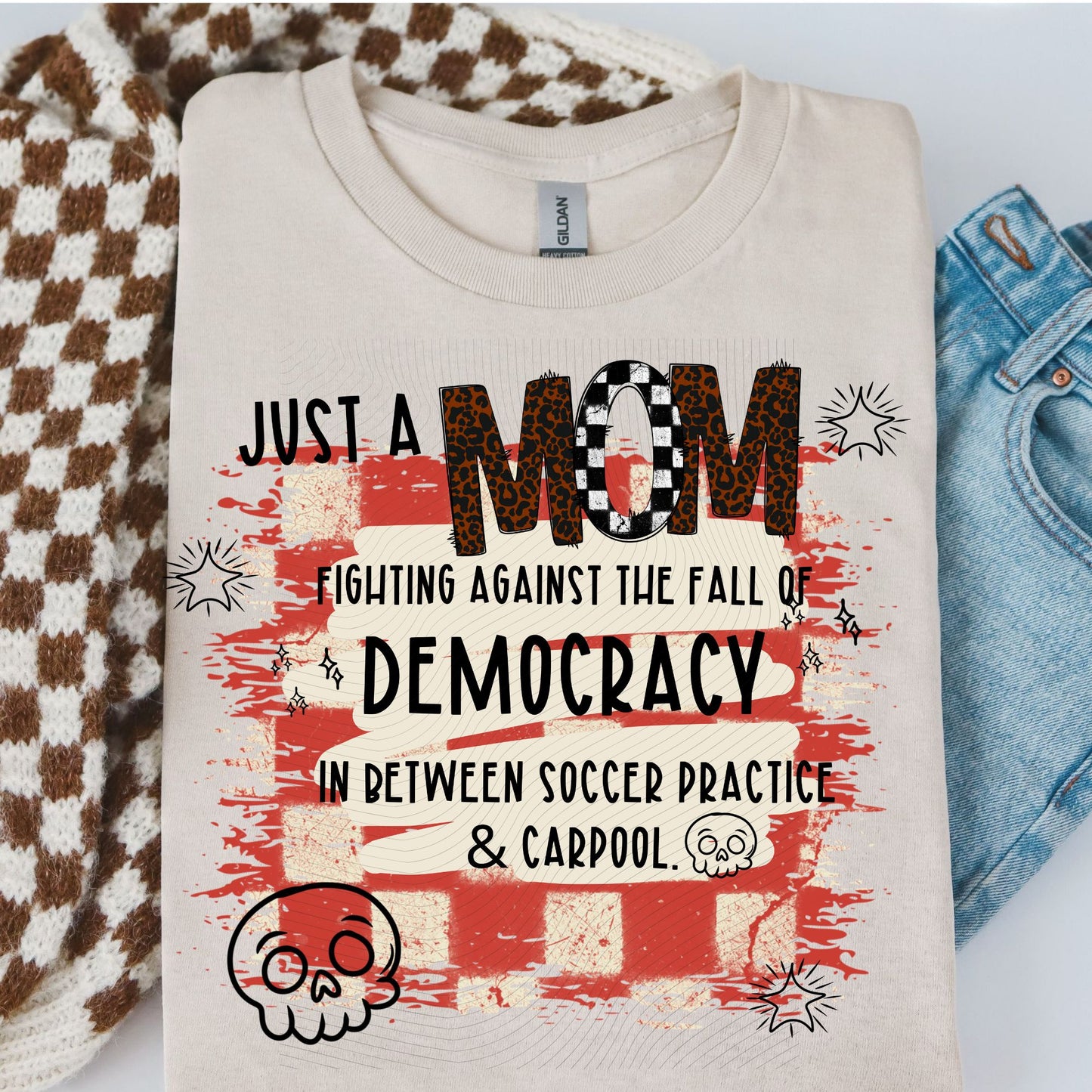 Just a Mom Fighting Fall of Democracy Checkered Design - Cali Mint Co