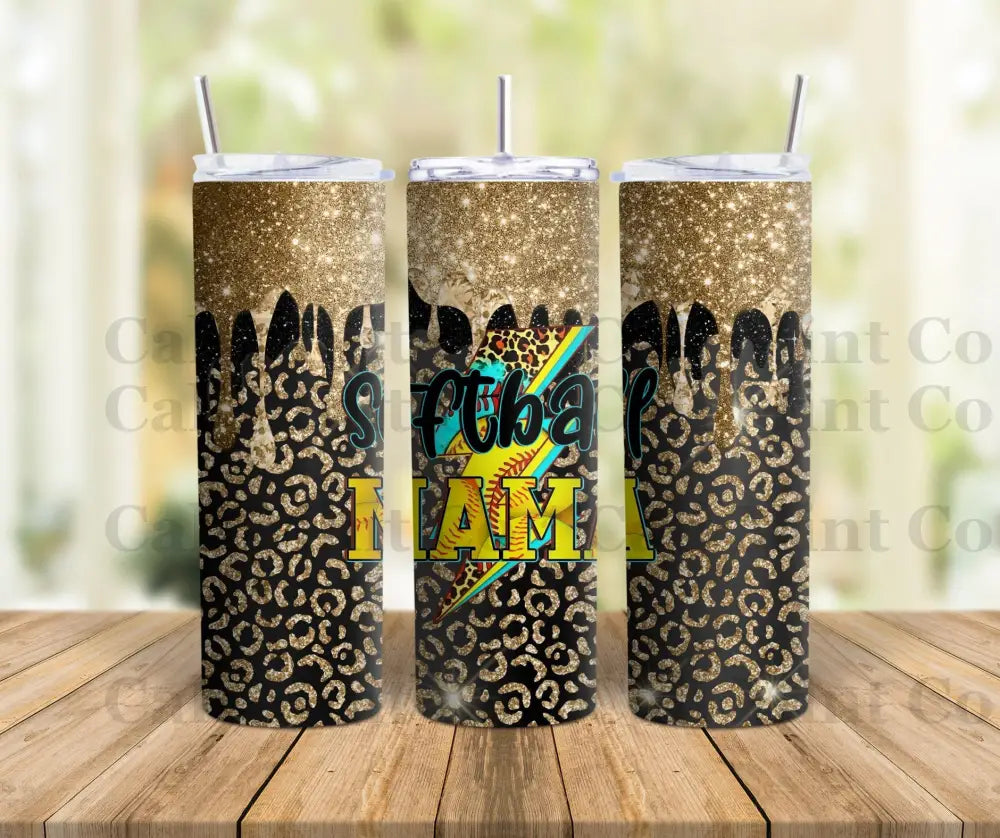 Gold Glitter Cheetah Softball Mom Tumbler Skinny Tumbler